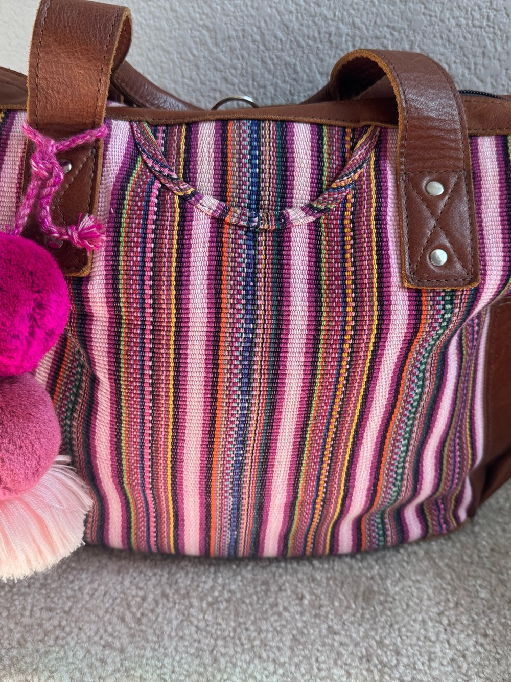 Nena EUC Striped Woven Tote with Brown Leather Trim